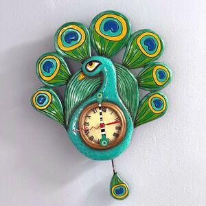 Allen Designs Peacock Pendulum Wall Clock Whimsical Teal‎ Resin Bird Timepiece